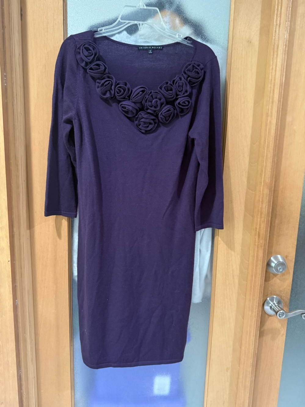 Antonio Melani Purple Eggplant Rosette Neckline Knit Wool Dress - Size Medium